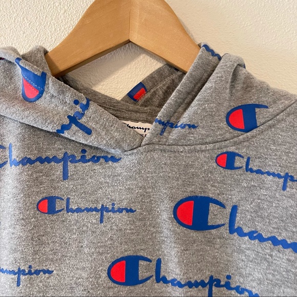 Champion Gray All Over Logo Pullover Hoodie Kangaroo Pocket-XL - Picture 4 of 10